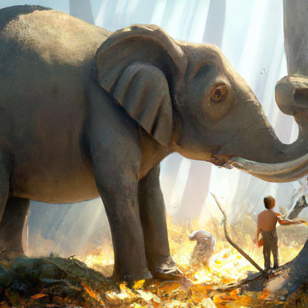 a painting from stalenhag, 8 k, hdr, artstation, concept art. Molly stood in the shadows of a sun-dappled forest, gazing up at an enormous elephant with a thorn in its foot.. 
 Molly was a small, fair-haired girl with big, innocent eyes.
 The elephant was a majestic creature with large, wrinkled ears and a long trunk.