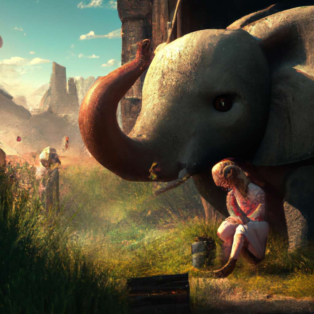 a painting from stalenhag, 8 k, hdr, artstation, concept art. Molly and the elephant were illuminated by a soft morning light as she carefully removed the thorn from his foot.. 
 Molly was a small, fair-haired girl with big, innocent eyes.
 The elephant was a majestic creature with large, wrinkled ears and a long trunk.