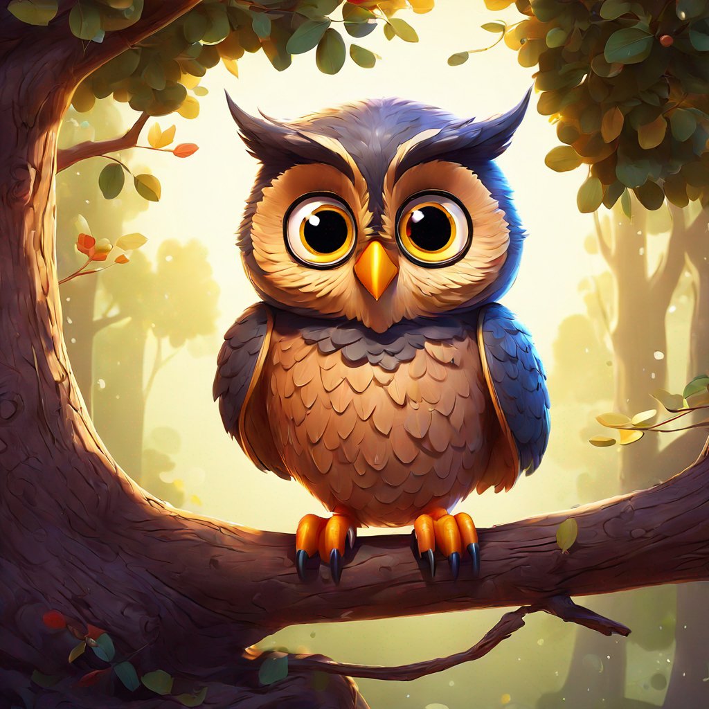 wise old owl, perched on branch, mischievous students sneaking away from school