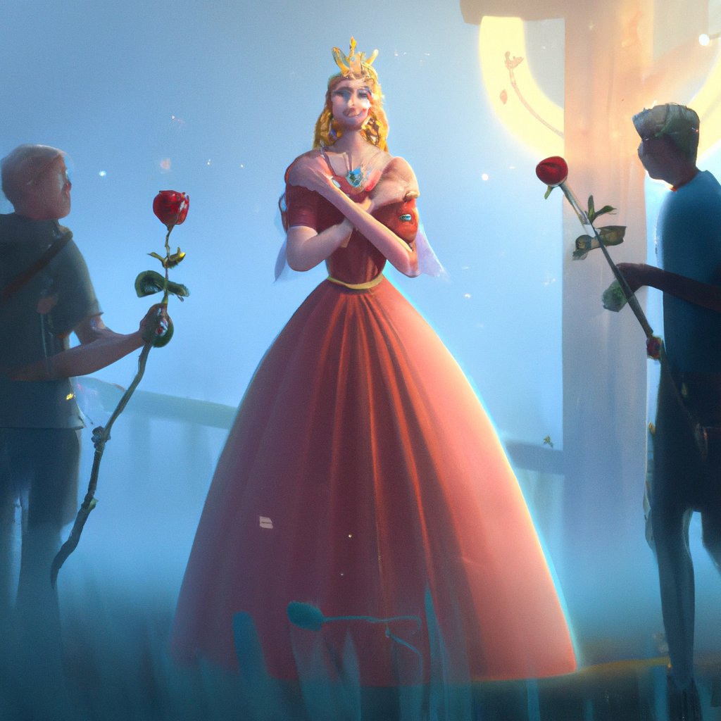 The princess, Rose, shone radiantly in her glittering gown, surrounded by the love of her King and Queen.