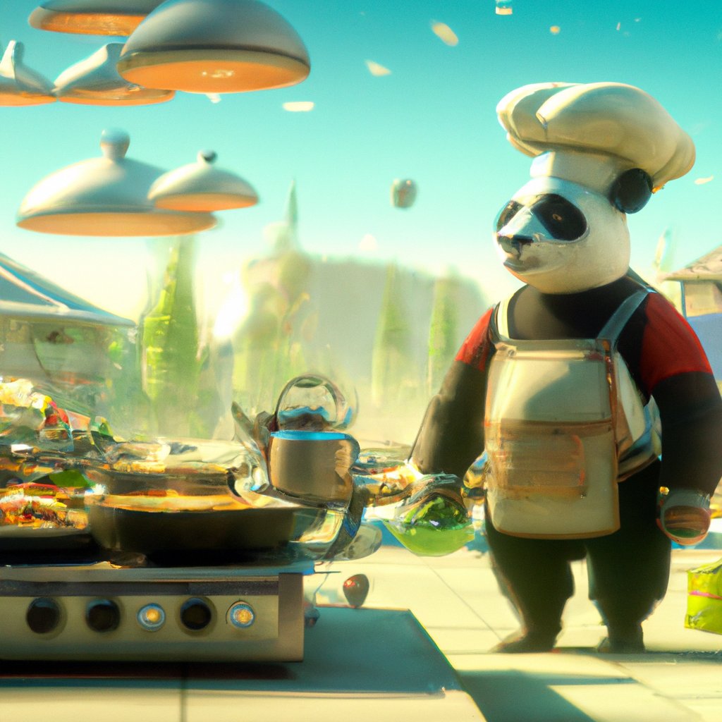 The panda, Panda Chef, was a creative and ambitious cook with a love of trying new recipes and flavors, always striving to become the best chef in his far away land. in a painting from stalenhag, 8 k, hdr, artstation, concept art