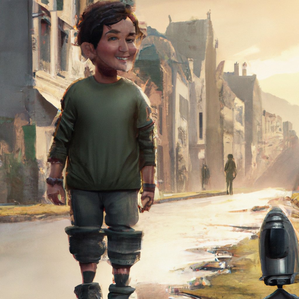 Labib, a four and a half year old boy with a big dream to become a famous movie director one day, smiled happily in the illustration. in a painting from stalenhag, 8 k, hdr, artstation, concept art