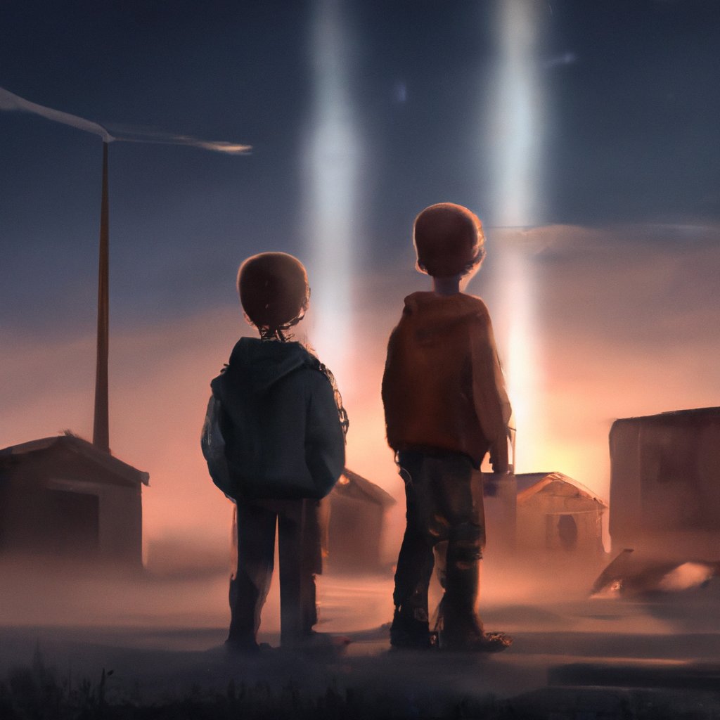 The night sky sparkled, glimmering with twinkling stars as Finn and Emmett, two wide-eyed, curious six-year-old twins, listened for mysterious noises outside. in a painting from stalenhag, 8 k, hdr, artstation, concept art