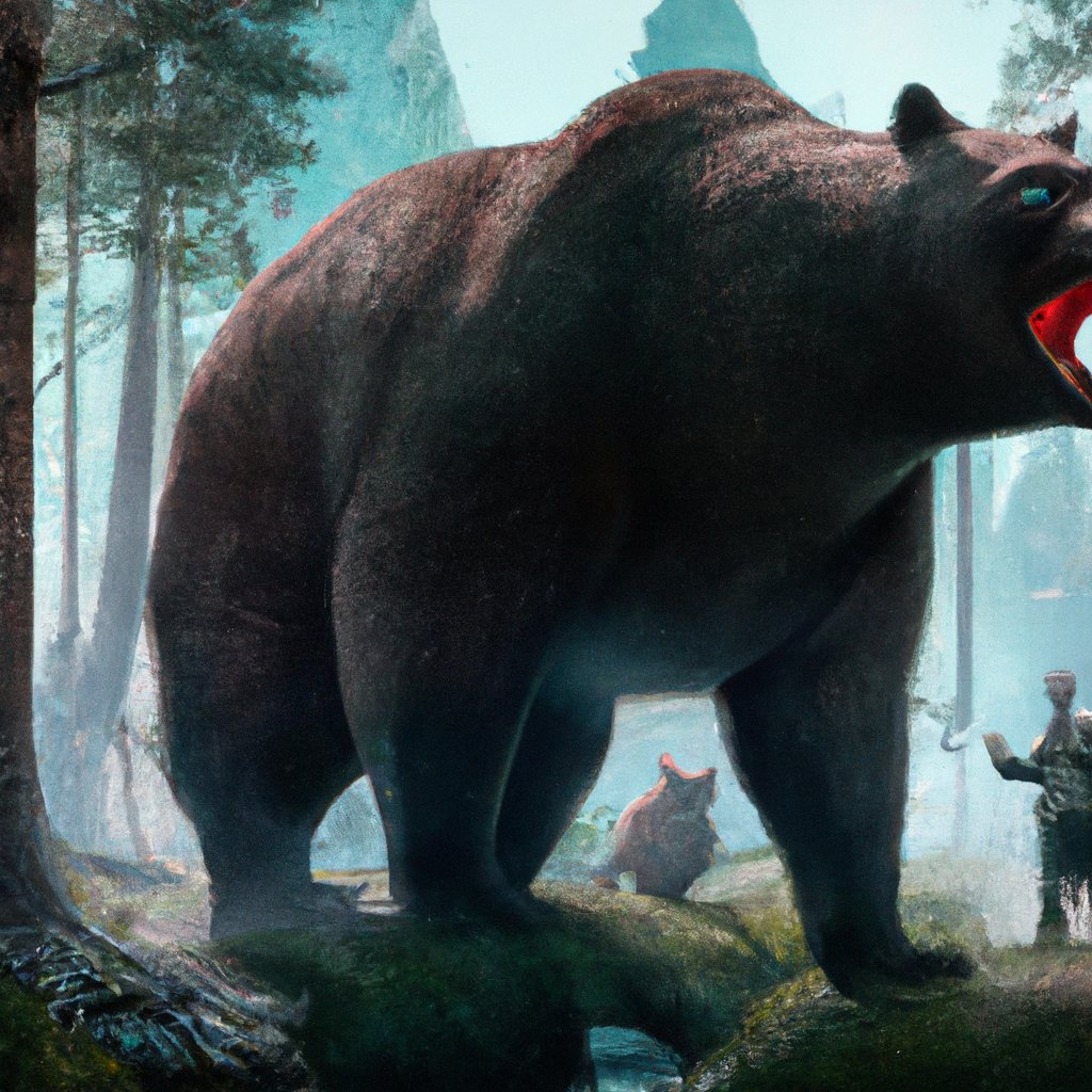 Oso the giant bear, mean and intimidating, loomed menacingly over the creatures of the forest, roaring with hatred. in a painting from stalenhag, 8 k, hdr, artstation, concept art