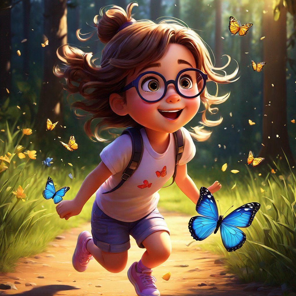 girl, glasses, chasing butterfly, wonder, anticipation