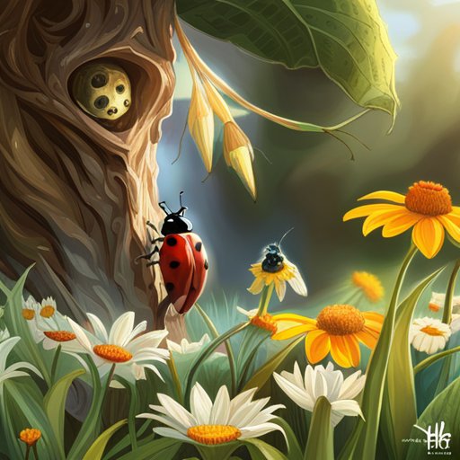 The vibrant illustration depicted Buzzy and Daisy playing hide and seek amongst the petals of Mrs. Rose, with Lily the Ladybug perched atop a petal next to them, their eyes wide with wonder as they learn of the importance of pollinators in the intricate web of life.