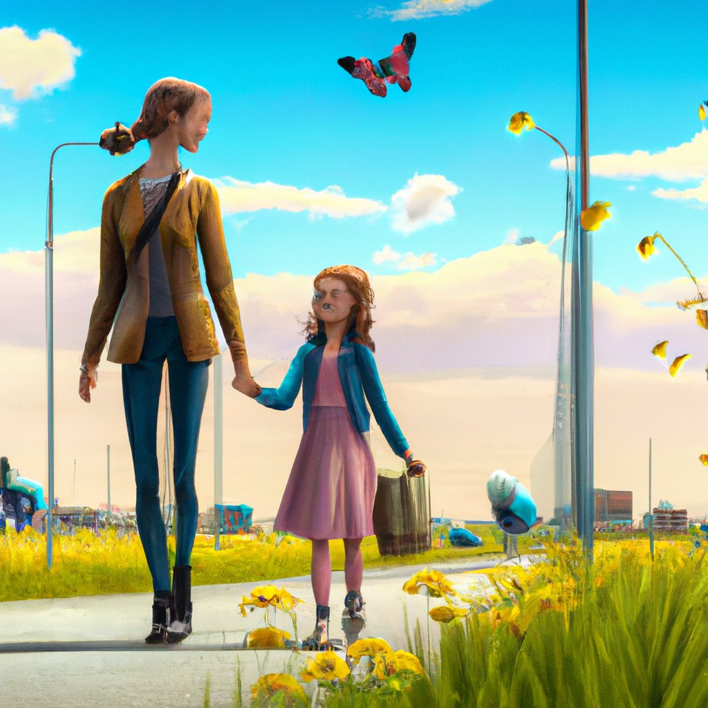 Melanie and her daughter walked hand-in-hand down the sidewalk, Melanie's heart filled with joy as she watched her daughter's delighted face as she pointed out the vibrant flowers, fluttering butterfly, and flying birds in the bright blue sky.