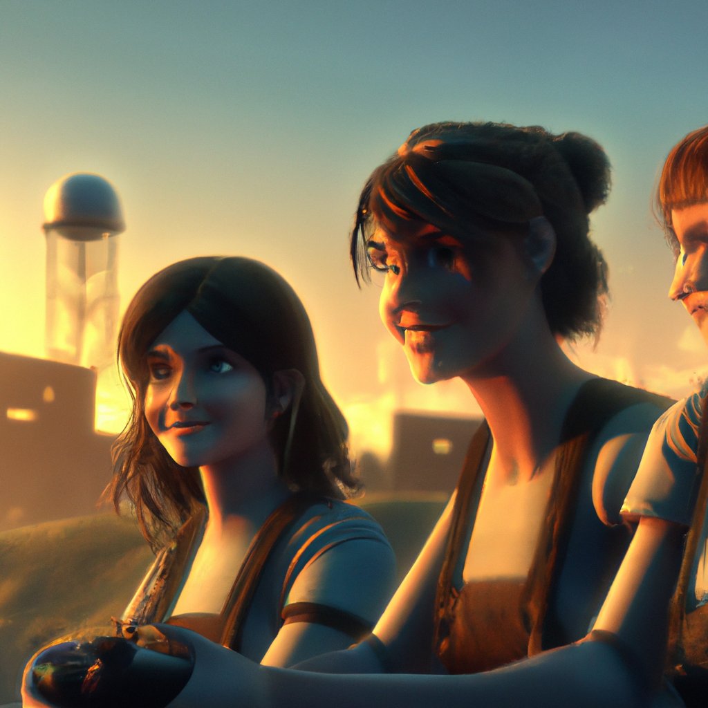 The four friends, Teagan, Patty, Melanie and Jason, grinned in anticipation of their special day, filled with the exciting activities they had been eagerly anticipating for weeks. in a painting from stalenhag, 8 k, hdr, artstation, concept art