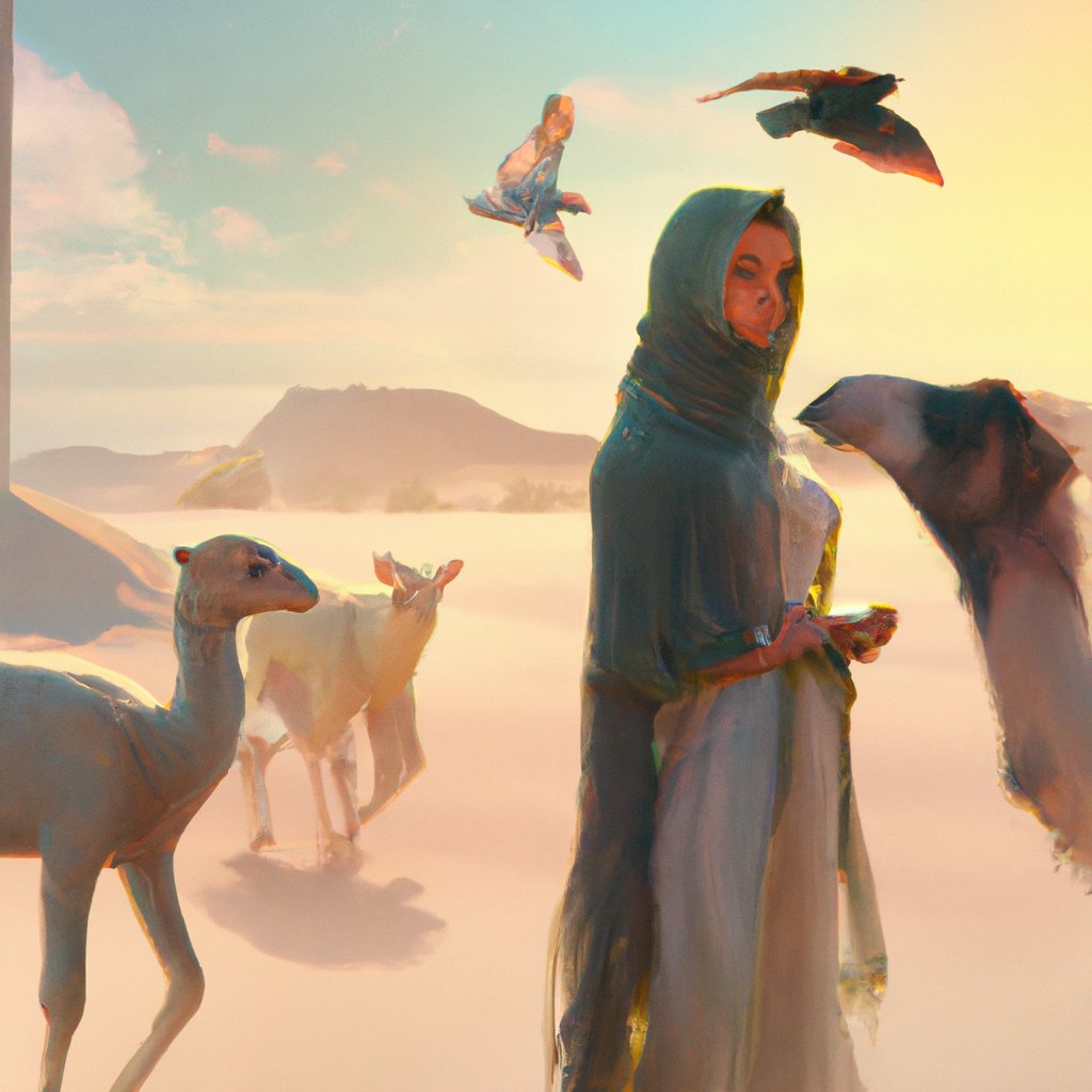 Fatima, a strong-willed and independent woman wearing a veil to protect her modesty, lived contentedly in a peaceful desert oasis, surrounded by the animals with whom she had formed a bond. in a painting from stalenhag, 8 k, hdr, artstation, concept art