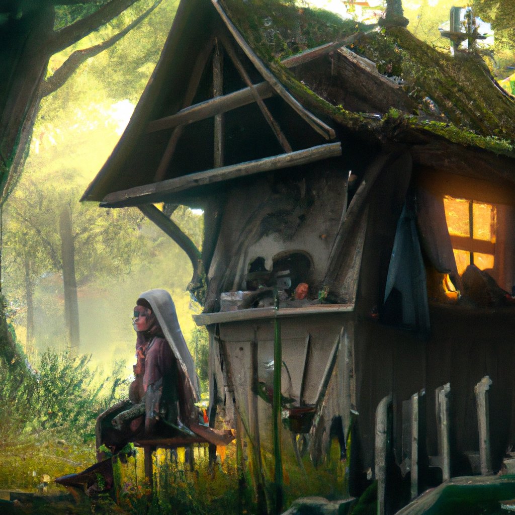 Stella the witch, content yet lonely, sat alone in her forest home, yearning to be loved. in a painting from stalenhag, 8 k, hdr, artstation, concept art