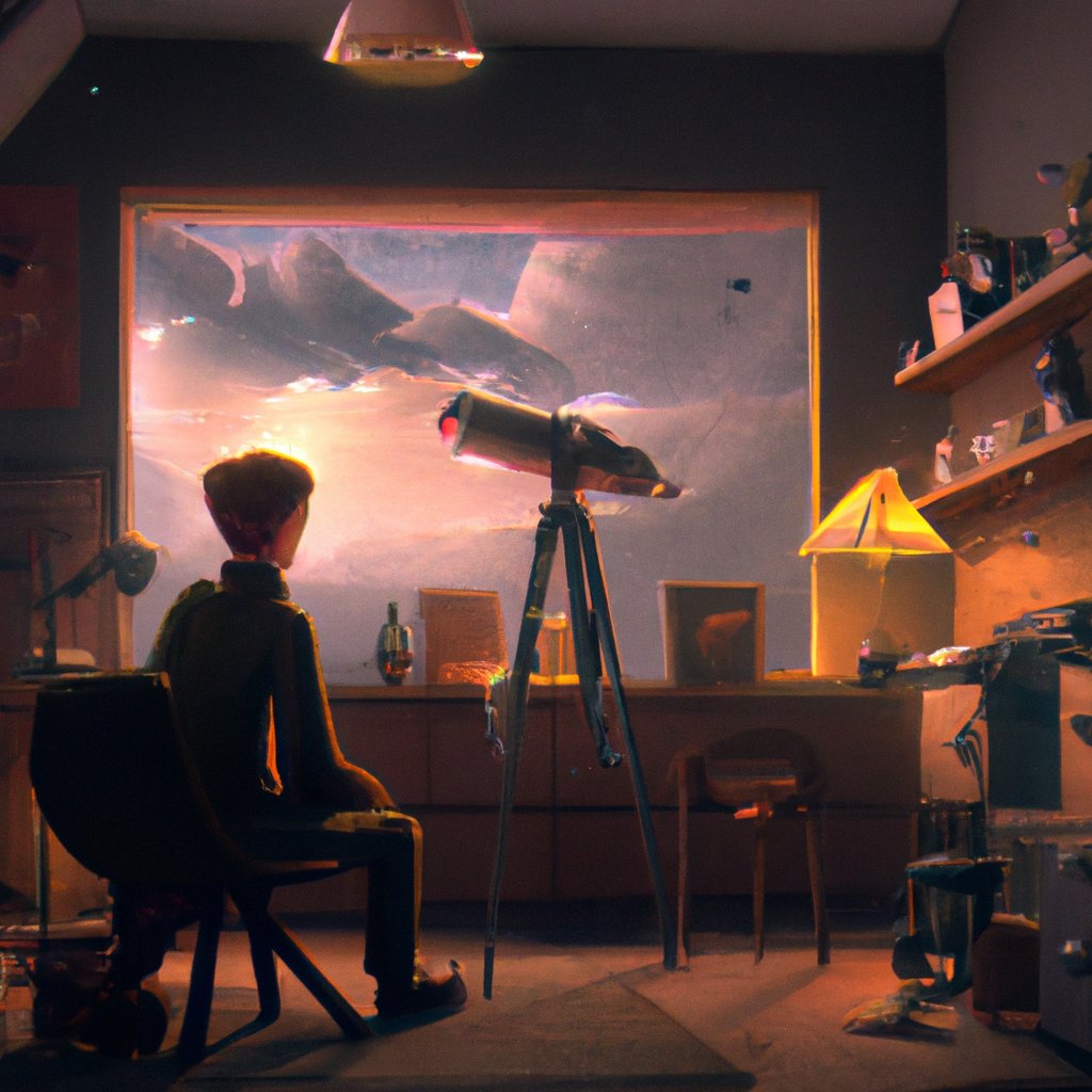 In the illustration, Peter sits in his room with a telescope pointed up at the starry night sky, wide-eyed and filled with wonder. in a painting from stalenhag, 8 k, hdr, artstation, concept art