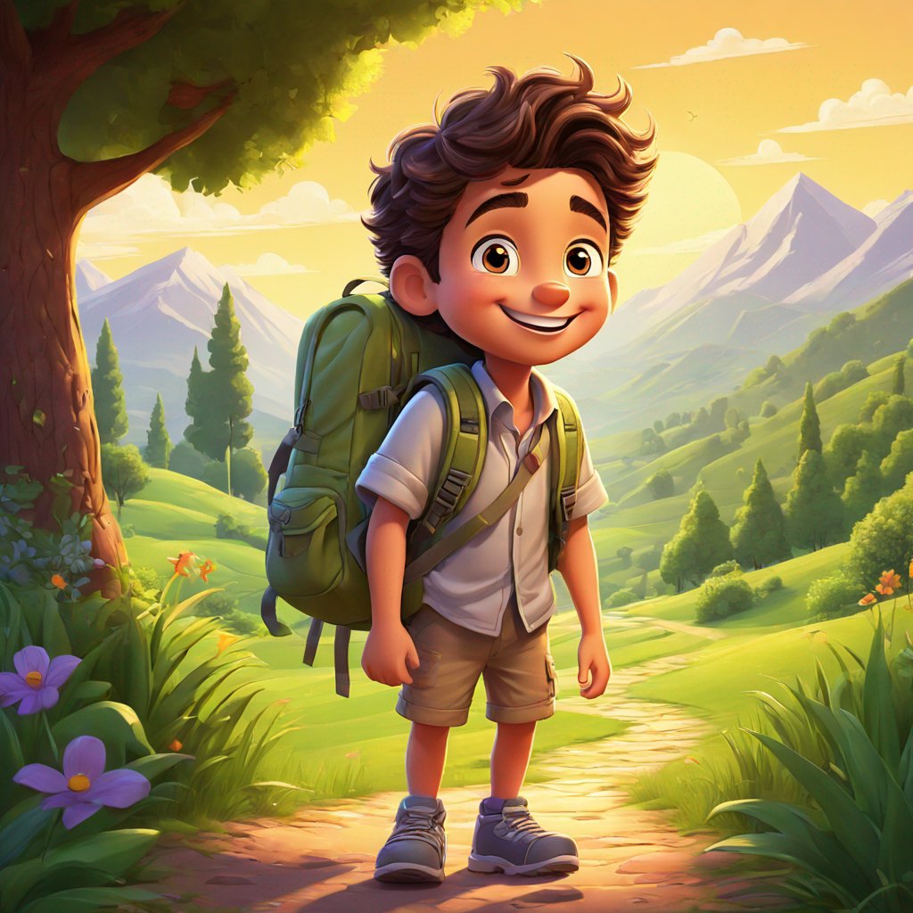 male, standing, lush landscape, backpack, bright smile, new journey