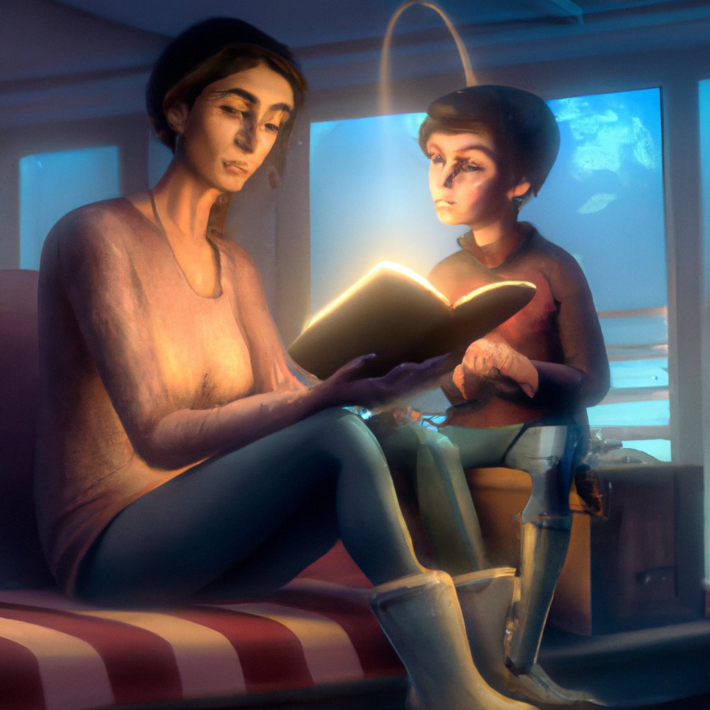 In the illustration, James sits cross-legged, looking up with a thoughtful expression at his mother, who is lovingly showing him a book of bedtime stories. in a painting from stalenhag, 8 k, hdr, artstation, concept art