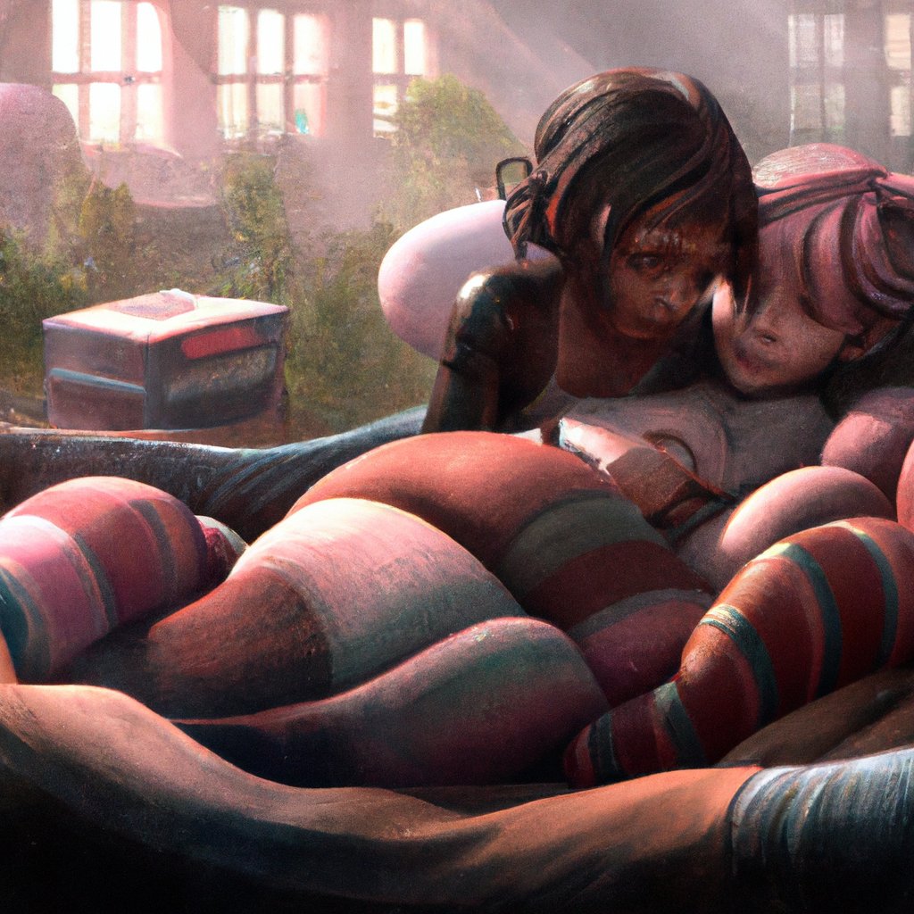 The two sisters, Zuri and Reshu, cuddled up close in Zuri's bed, whispering secrets and sharing stories as their strong bond grew. in a painting from stalenhag, 8 k, hdr, artstation, concept art