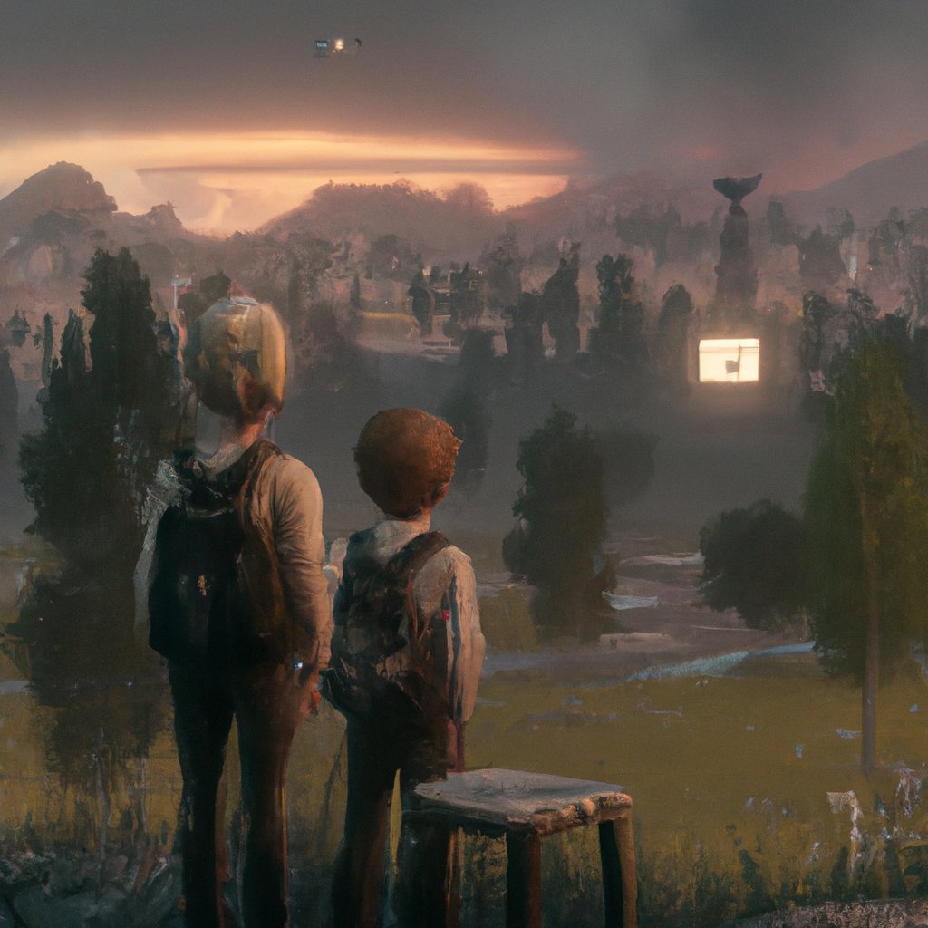 The two children, Lulu and Robby, looked on in disbelief as the news of war spread throughout their distant land. in a painting from stalenhag, 8 k, hdr, artstation, concept art