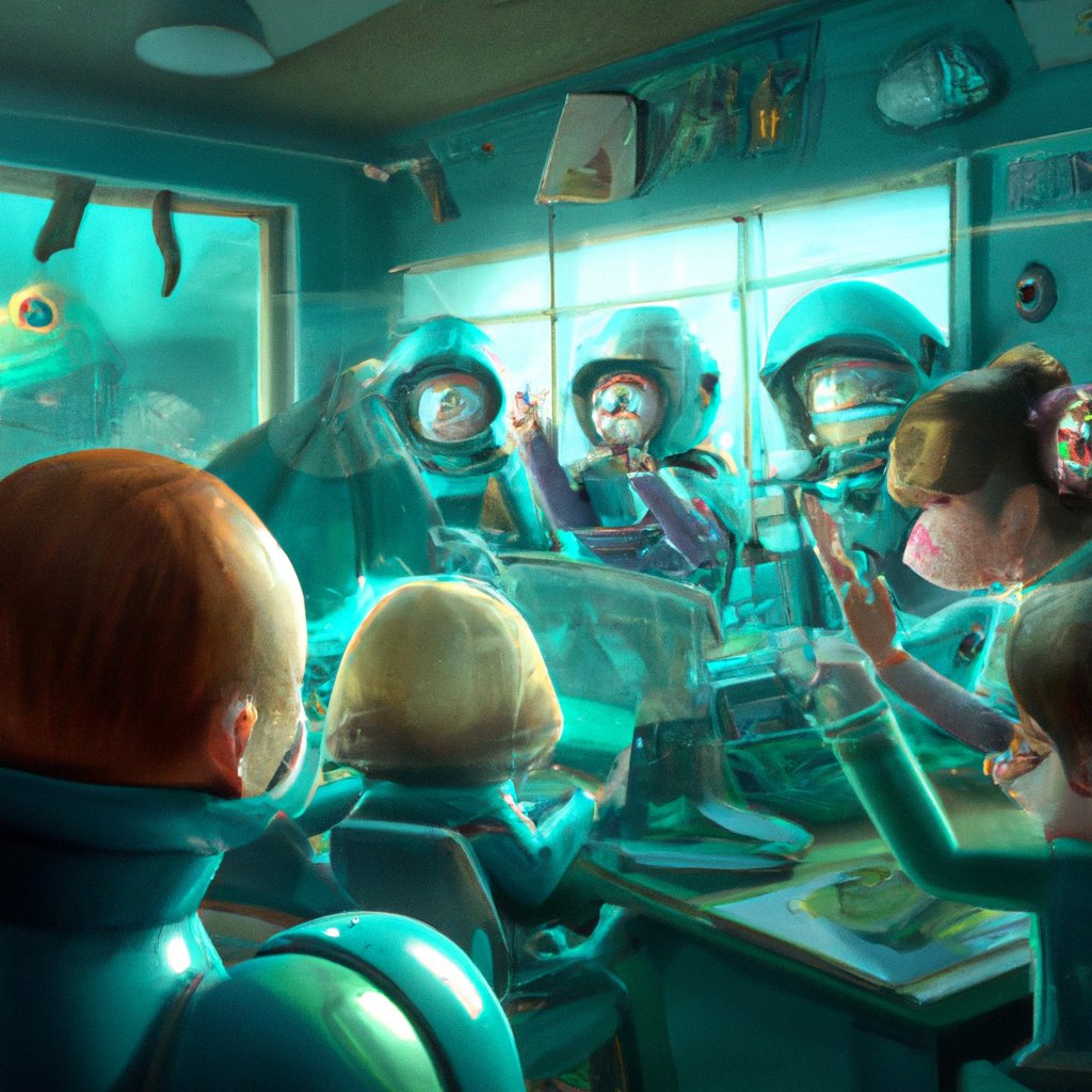 The Octonauts, excited and thrilled to have Vassili join their team, crowded into the control room of the Octopod to plan their first space mission. in a painting from stalenhag, 8 k, hdr, artstation, concept art