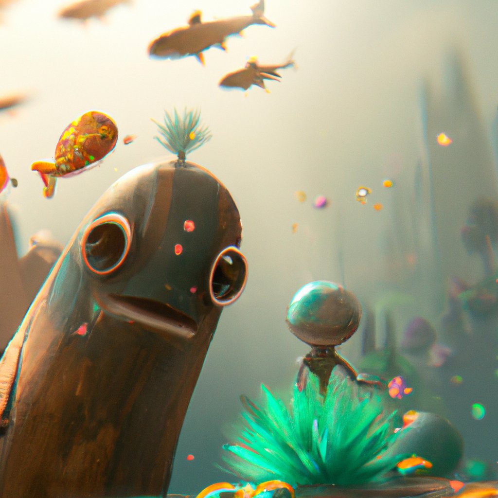 Finny, the small fish, happily explored the vibrant, colourful coral reef in the middle of the sea, meeting new friends along the way. in a painting from stalenhag, 8 k, hdr, artstation, concept art