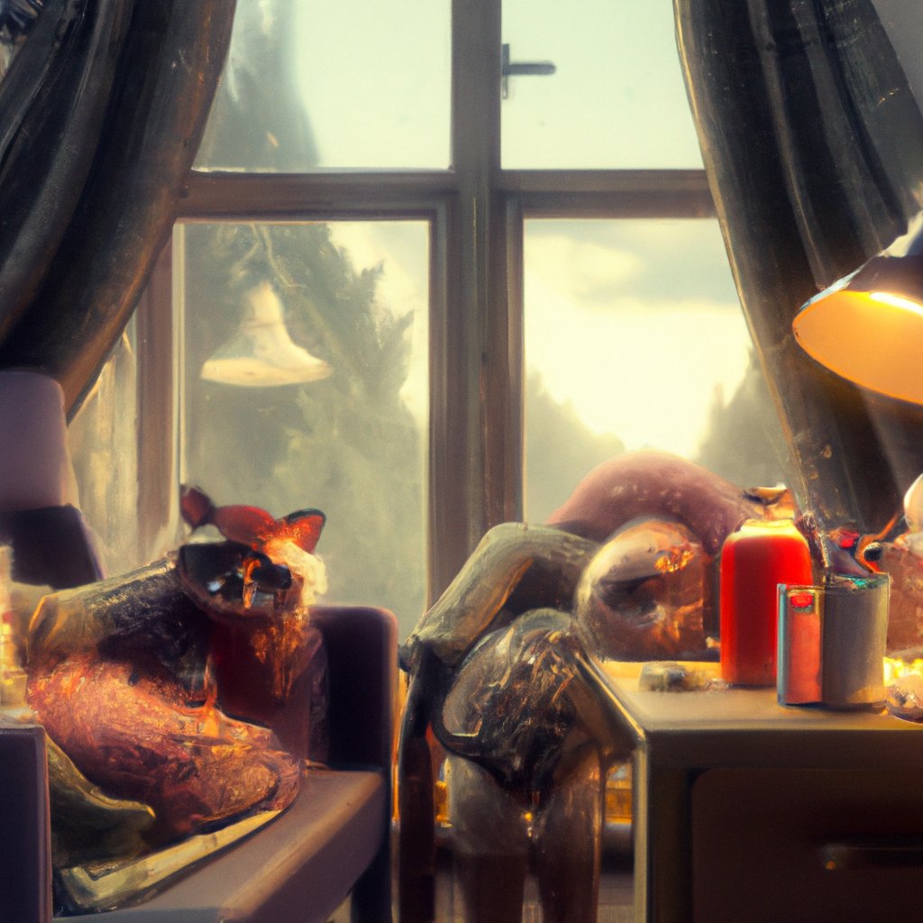 In the cozy home of Eleonora, Amy and Teddy, two friendly cats, snuggled together contentedly. in a painting from stalenhag, 8 k, hdr, artstation, concept art