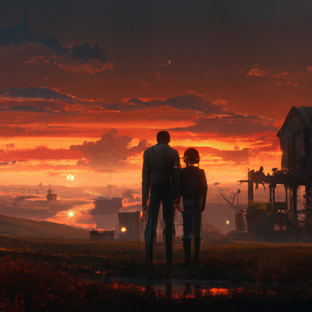 The sky was glowing a deep orange-red, and John and Samantha cautiously approached the foreboding, old, abandoned house in the echoing darkness. in a painting from stalenhag, 8 k, hdr, artstation, concept art