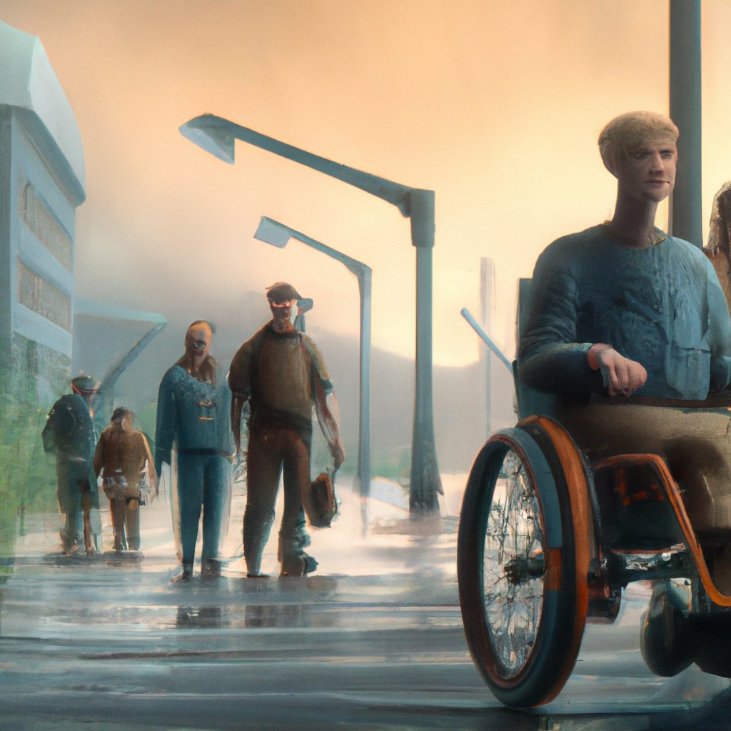 This illustration depicts a diverse group of people with physical and cognitive disabilities, all utilizing assistive technology and aids to help them improve their quality of life, such as wheelchairs, posture management systems, and other rehabilitation engineering products. in a painting from stalenhag, 8 k, hdr, artstation, concept art