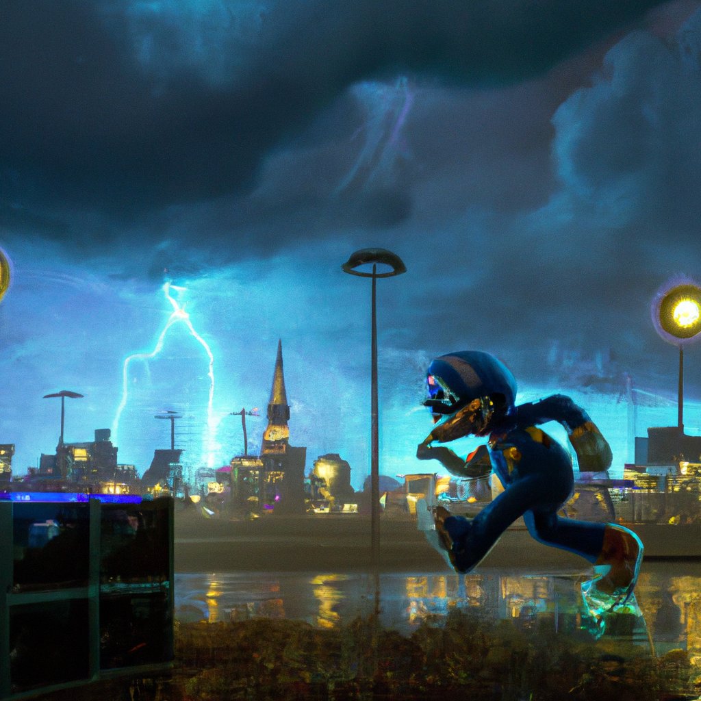 Sonic, sprinting fiercely, poised to outwit Mario, who was cautiously armoured and ready for the impending fight on the stormy, dark night. in a painting from stalenhag, 8 k, hdr, artstation, concept art