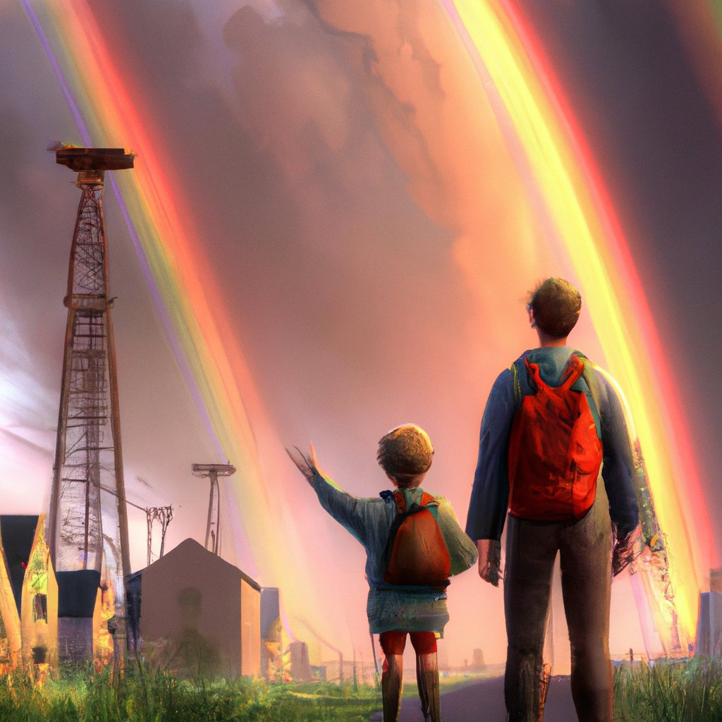 Owen and Max gazed up to the vibrant, radiating rainbows and felt their grandpa Fred's presence in the breathtaking, nostalgic colors. in a painting from stalenhag, 8 k, hdr, artstation, concept art