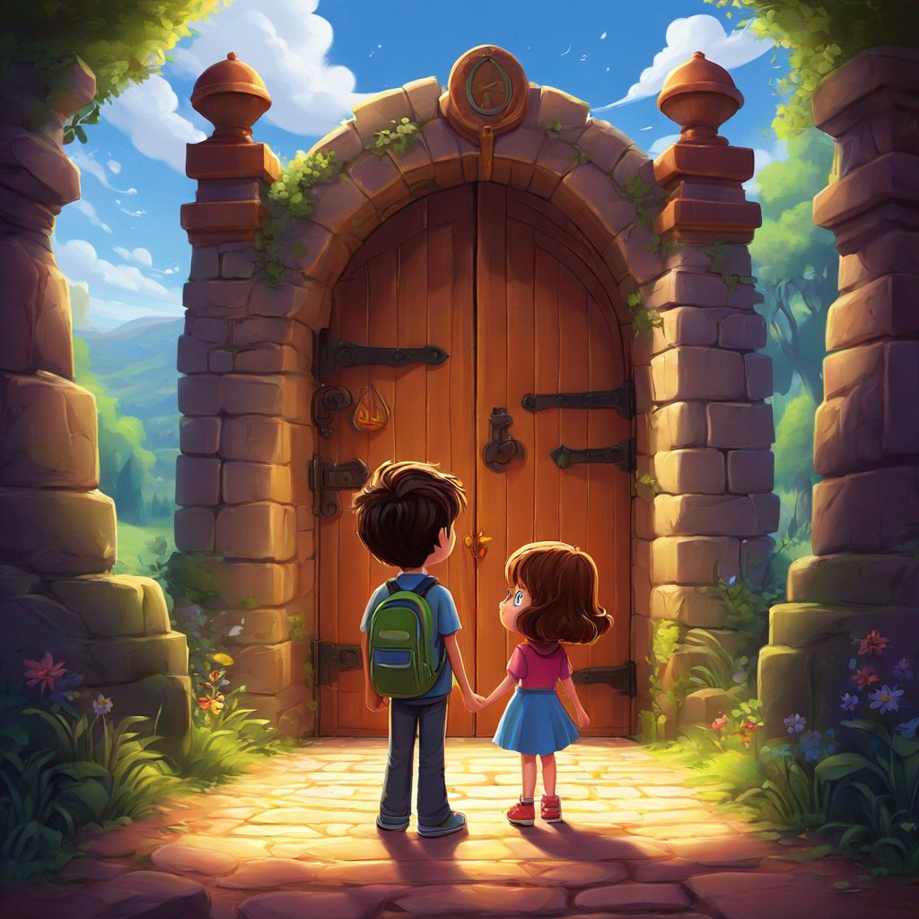 painting, Aaron, Lisa, standing, magical gateway, dreaming, adventures