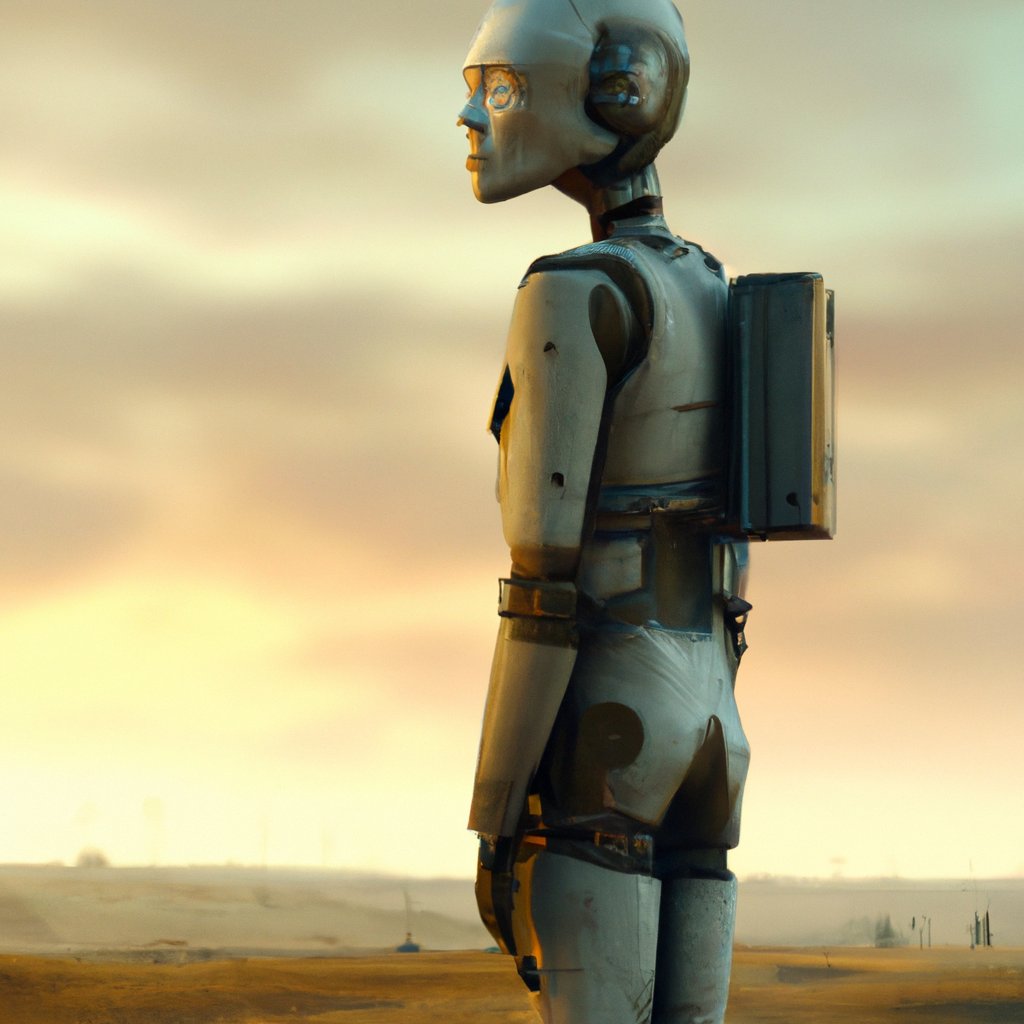 Ador, the inquisitive android, stands tall, gazing thoughtfully into the distance, his metal body gleaming in the sun-drenched sky of the far-off land. in a painting from stalenhag, 8 k, hdr, artstation, concept art