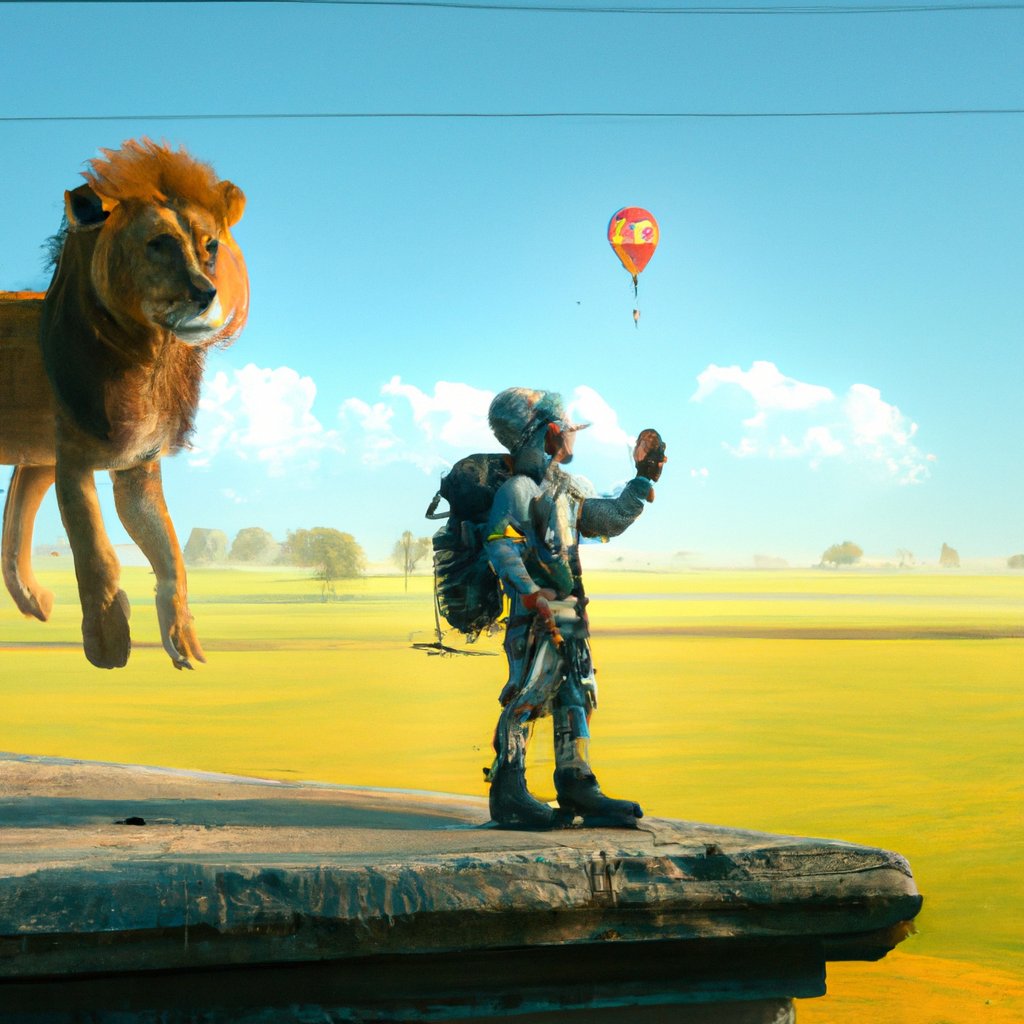 Tariq and the Metaverse Lion flew off with enthusiasm, exploring distant galaxies and discovering wondrous sights. in a painting from stalenhag, 8 k, hdr, artstation, concept art