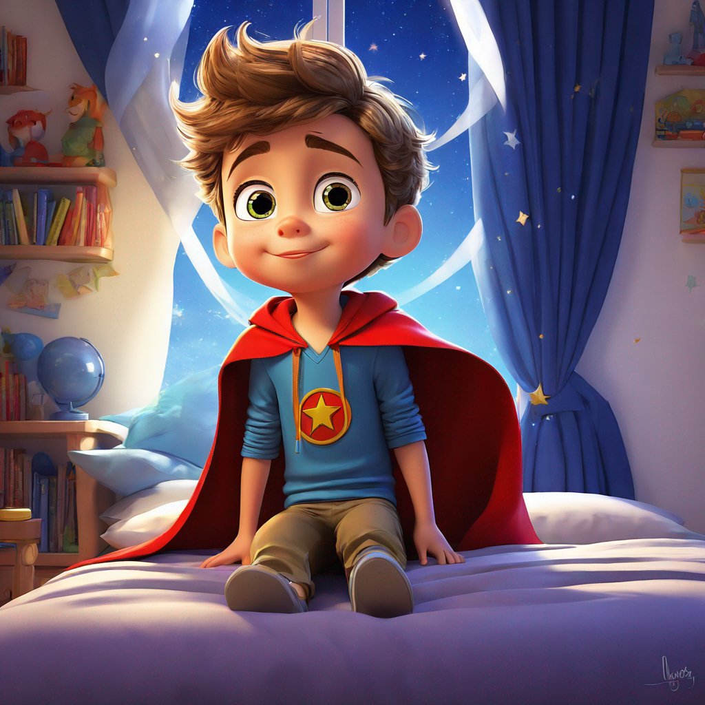 small boy, male, extraordinary imagination, dreaming, superhuman powers, cape