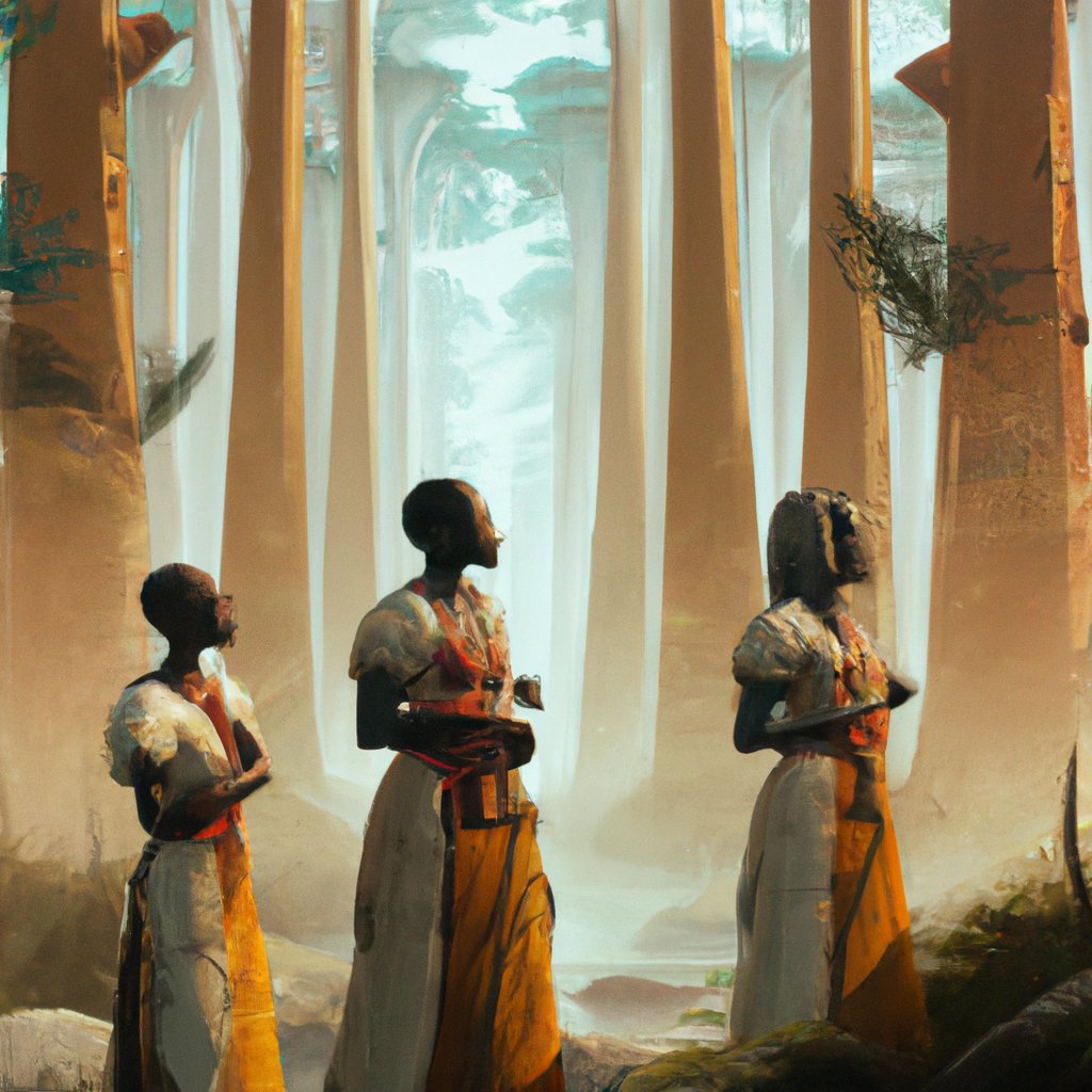 The illustration showed the prince Ayo, standing in awe at the sight of the two beautiful, identical twins Sade and Kemi, in the magical African forest.