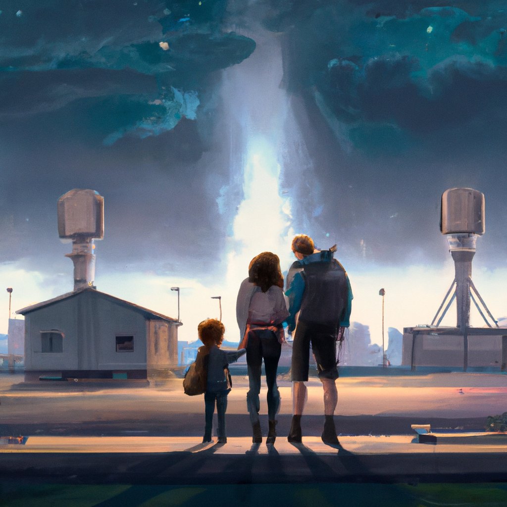 Ella and John, filled with curiosity, eagerly stood beside their parents beneath the starry night sky, ready to explore the wonders of astronomy. in a painting from stalenhag, 8 k, hdr, artstation, concept art