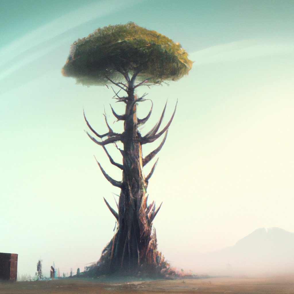 In the distant land, a single, magical tree stood tall and proud, emitting a powerful aura of love and wonder. in a painting from stalenhag, 8 k, hdr, artstation, concept art