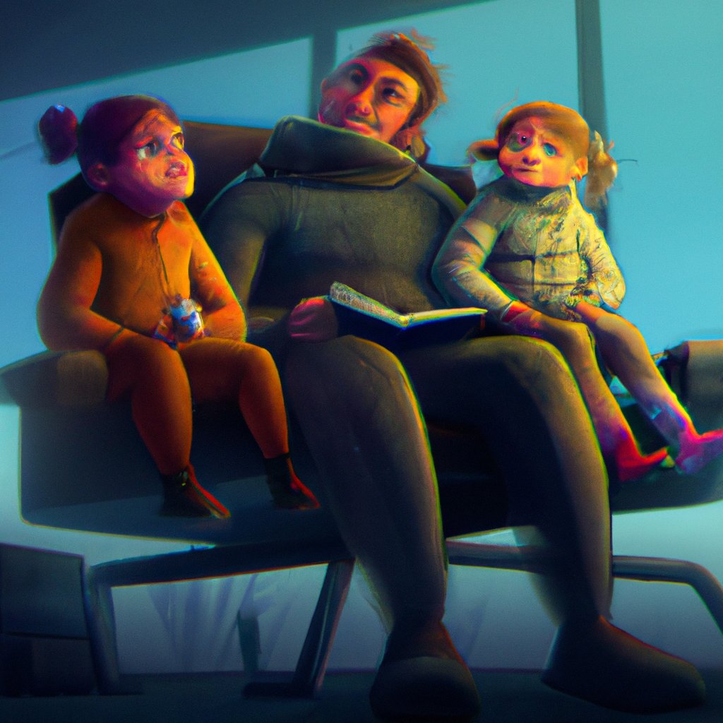 The children and their disabled father snuggled happily together, listening eagerly to the story he was about to tell. in a painting from stalenhag, 8 k, hdr, artstation, concept art