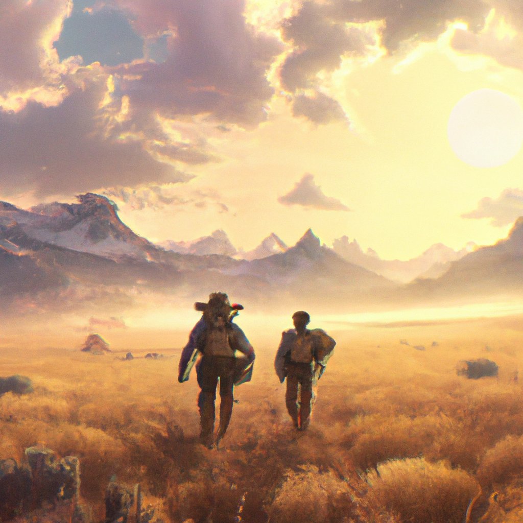 The two cowboys, Baker and Tripp, rode off into the sunset, two best friends full of mischievous energy, determined to explore the wilds of the western frontier. in a painting from stalenhag, 8 k, hdr, artstation, concept art