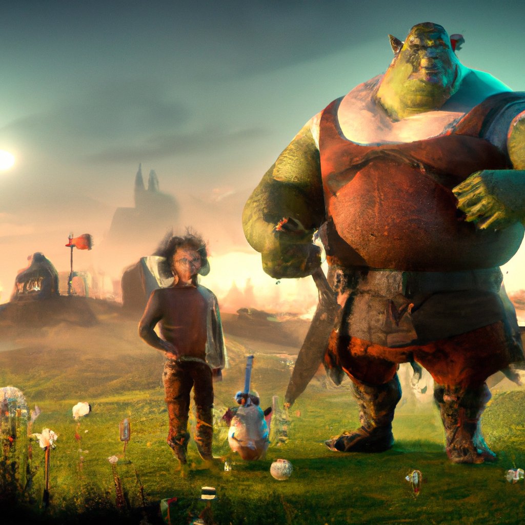 Popp, the brave, courageous prince from Dragon Quest Dai, and Shrek, the lovable ogre from the movie Shrek, stood ready to fight in a magical kingdom one night. in a painting from stalenhag, 8 k, hdr, artstation, concept art