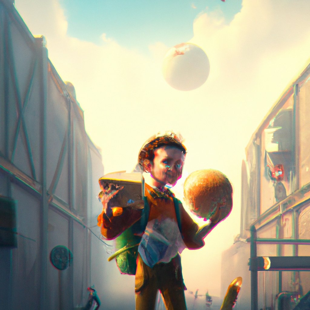 The illustration depicted Globe, a happy boy with a chexcan in one hand and a Tormado-Mangou in the other, grinning with delight at the delicious treats. in a painting from stalenhag, 8 k, hdr, artstation, concept art