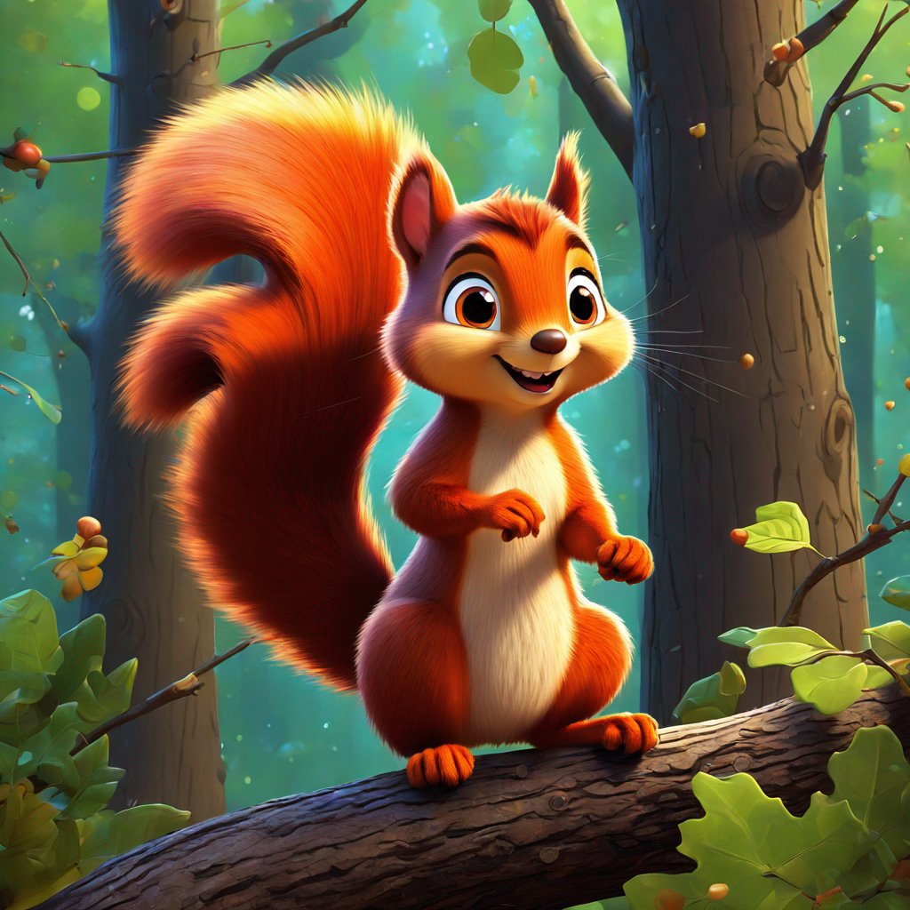 painting, squirrel, adventurous, perched, tree branch, vibrant forest, curious spirit