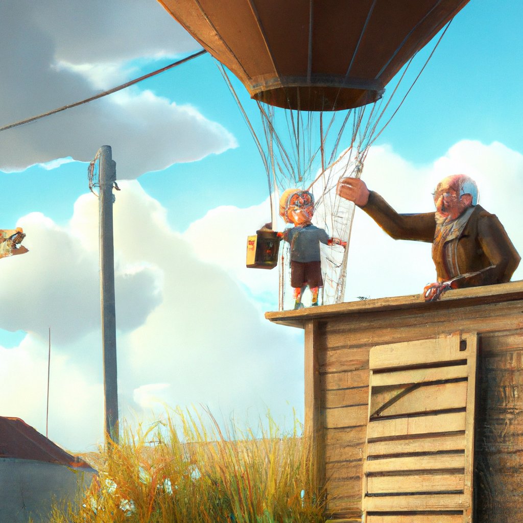 Henry jumped in surprise, looking down to see an old man with a warm, friendly smile, laughing up at him from the basket beneath his kite. in a painting from stalenhag, 8 k, hdr, artstation, concept art