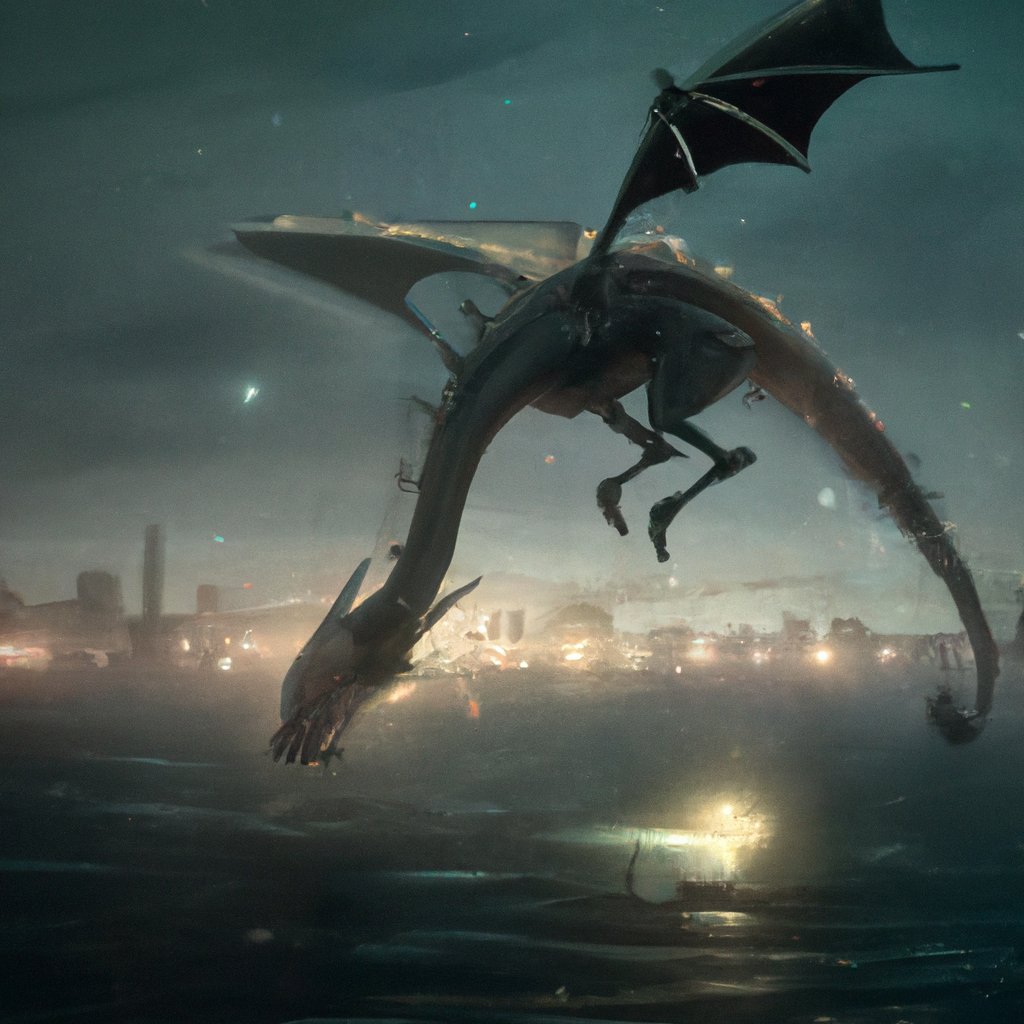 The dragon glided through the night sky, sparks of light reflecting off its scales as it gracefully descended towards the glittering sea below. in a painting from stalenhag, 8 k, hdr, artstation, concept art