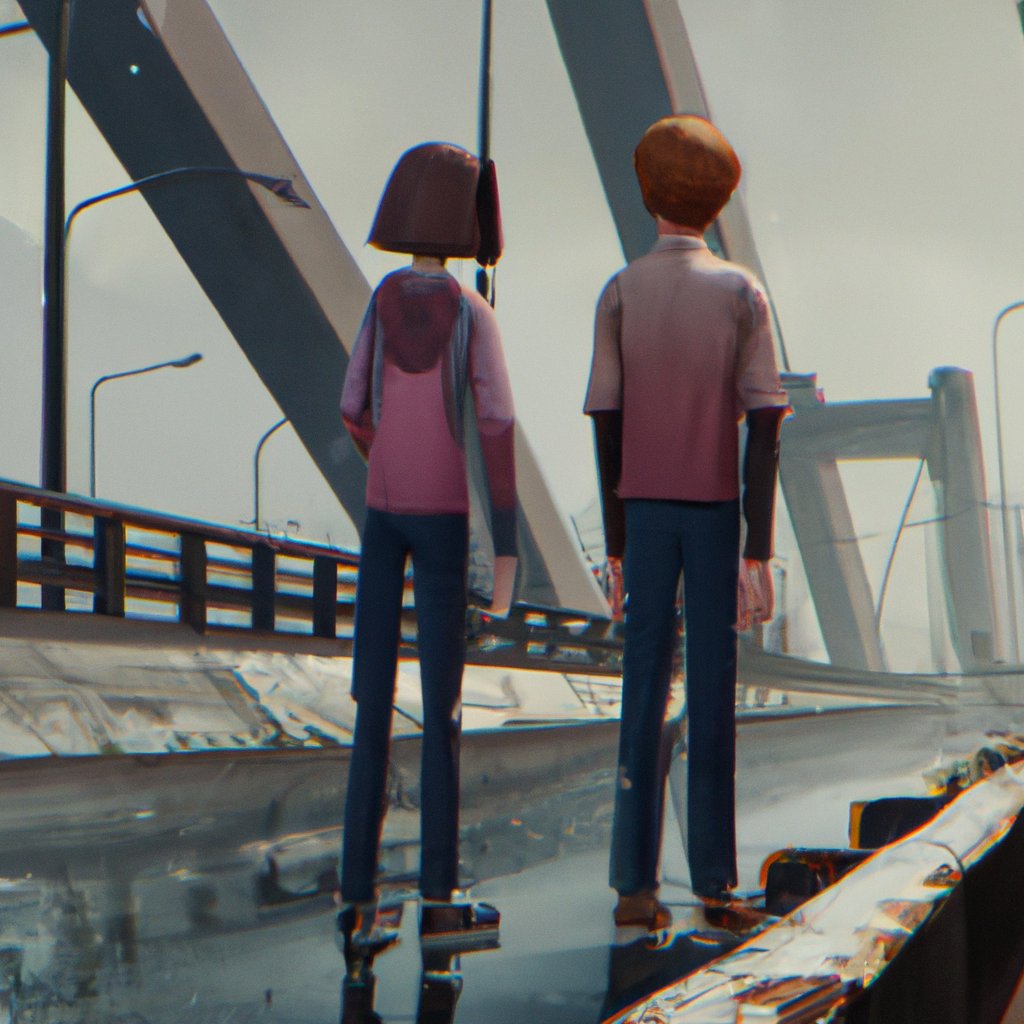 Howard and Totty stood side-by-side at the Edmund Pettis Bridge, their tense, awkward posture exposing their conflicting opinions on racism. in a painting from stalenhag, 8 k, hdr, artstation, concept art