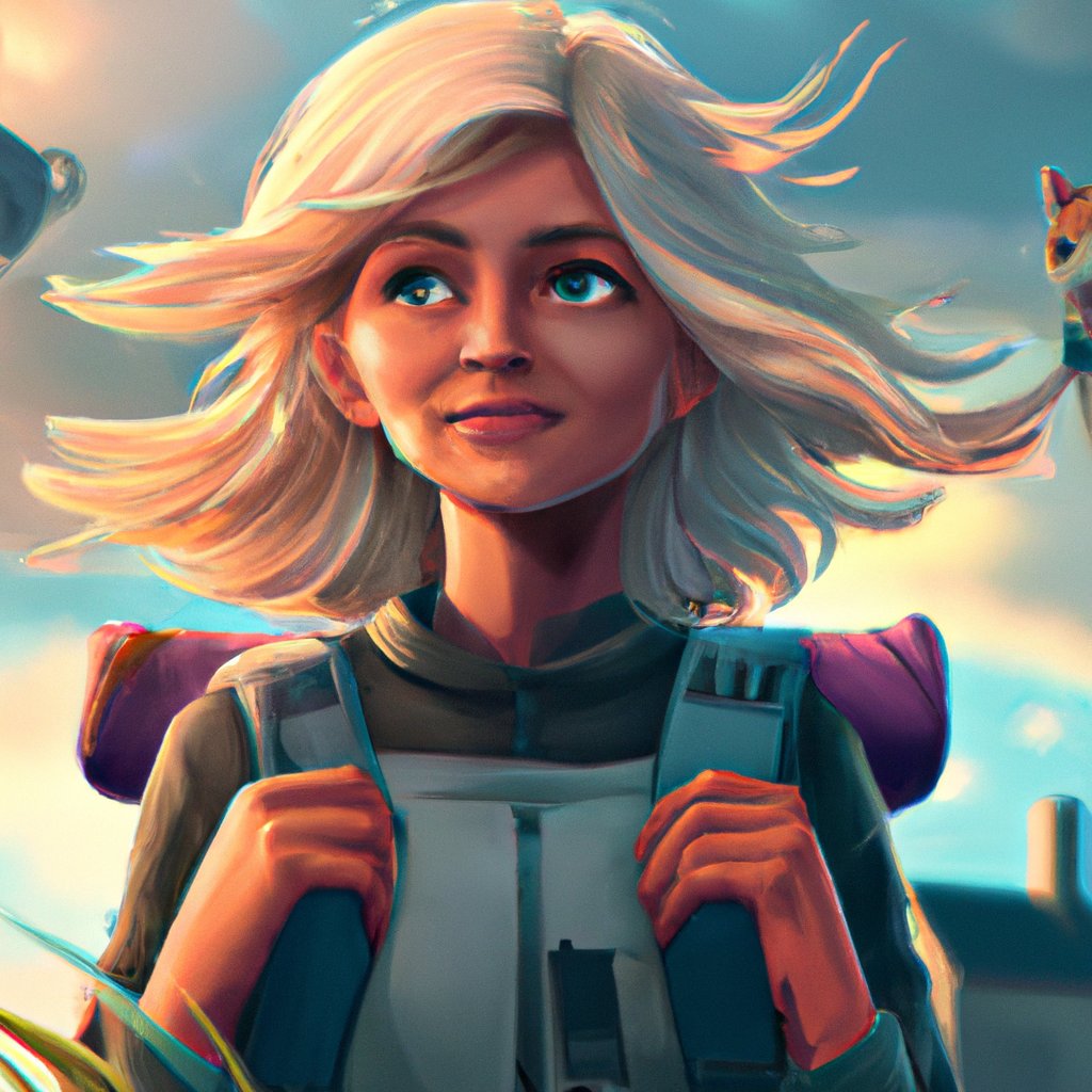 In the illustration, Lili stands confidently with her backpack strapped on, her blonde hair blowing in the wind, a determined smile on her face and her love of cats evident in her bright eyes. in a painting from stalenhag, 8 k, hdr, artstation, concept art