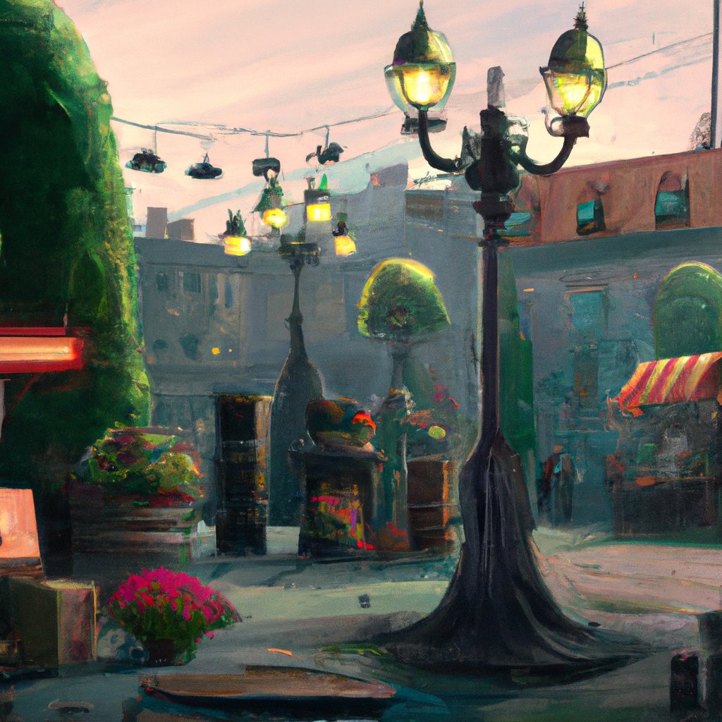 This illustration depicts a whimsical scene full of curiosity and wonder, with singing streetlamps, a bustling antique market, and mysterious flowerpots all begging to be explored.