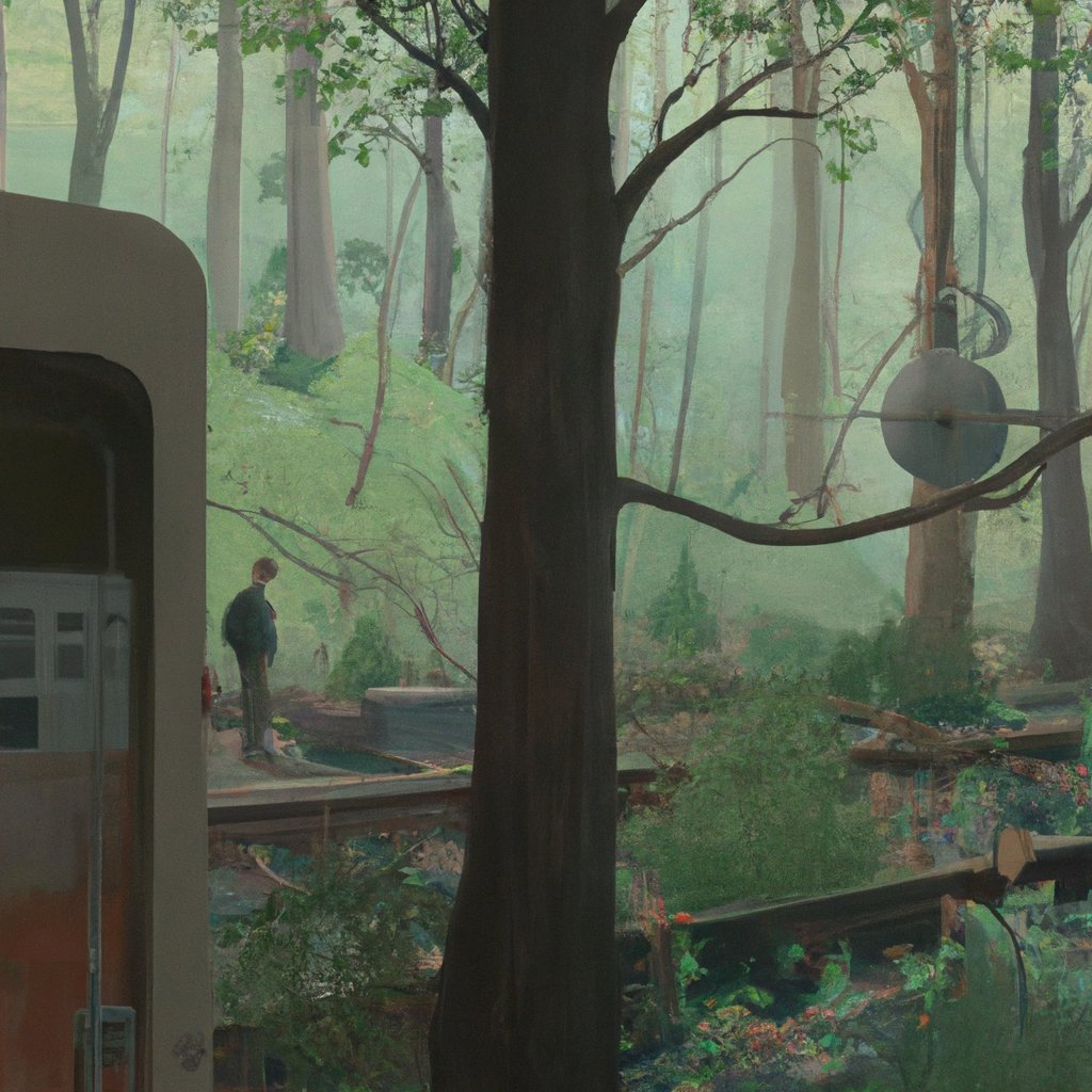 An enchanting illustration of a whimsical journey through Hampstead Heath station, discovering a secret grove of trees and meeting friendly woodland creatures along the way.