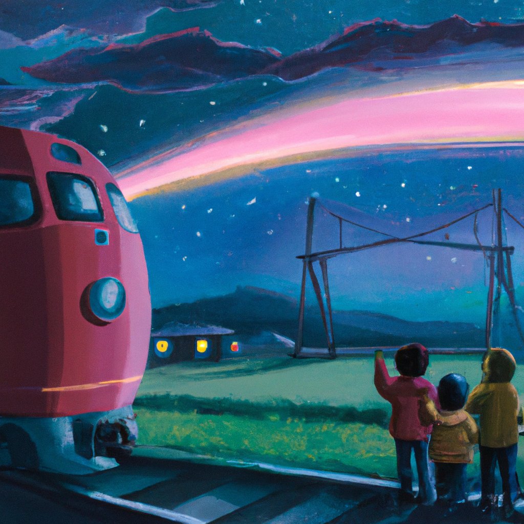 A magical, enchanting illustration of children boarding a brightly-coloured train for an exciting adventure across vibrant, starlit skies with new friends from exotic lands.