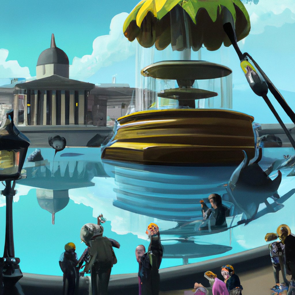 An exciting, whimsical illustration of Trafalgar Square shows dreamy puddles in the fountain, a giant paintbrush statue magically coming alive, and diverse people painting a new reality together.