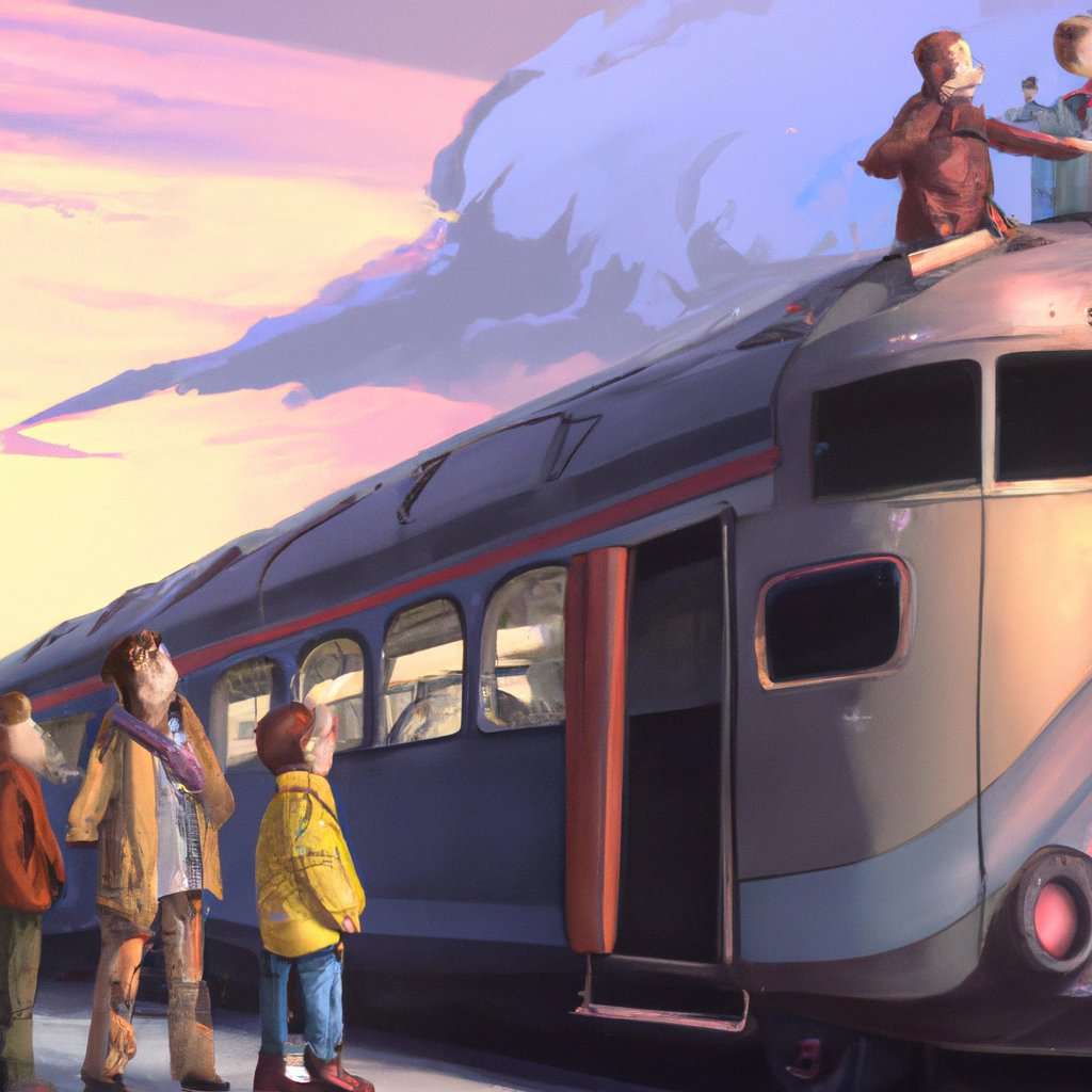 The illustration shows a group of friends, filled with joy and nostalgia, saying goodbye to London's wonders, taking one last ride on the magical train, and cherishing the memories of their incredible journey.