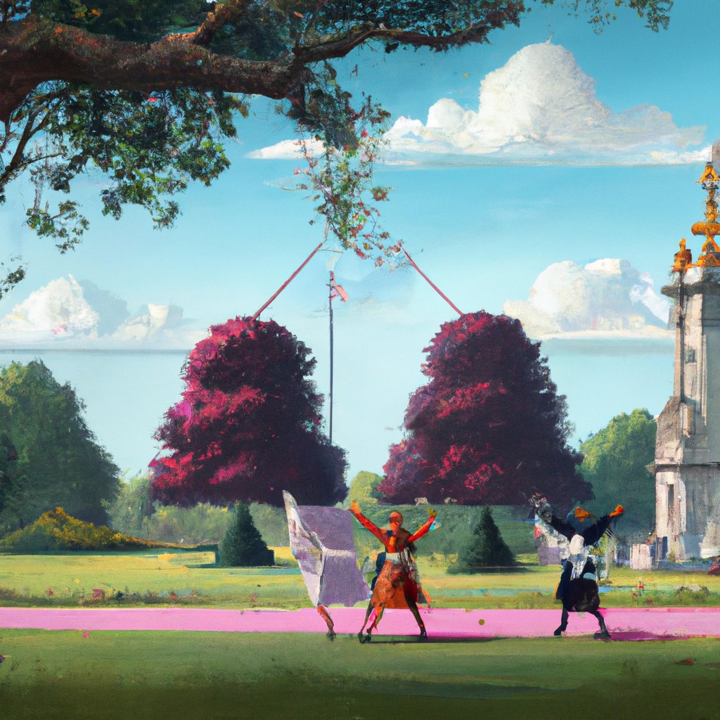 The illustration portrays a joyful scene of the Royal Guards welcoming visitors, the Queen's Corgis sipping tea, and fairies dancing in the beautiful Buckingham Palace gardens.