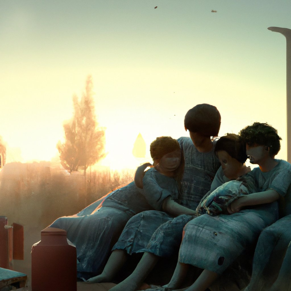 The four sleepy children, Tiago, Bernardo, Pedro and Sara, cuddled together in their pajamas, ready to tell each other a story before bedtime. in a painting from stalenhag, 8 k, hdr, artstation, concept art