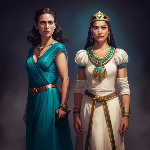 In the picture, Cleopatra with her exotic charm and Maddison with her magical amulet, stand side by side, ready to embark on a mission to save their kingdom using the amulet's supernatural powers.